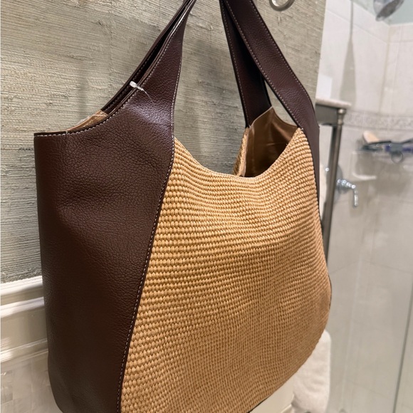 NWOT new Anthropologie Sonia raffia slouchy tote bag brown tan faux Leather - Picture 5 of 13